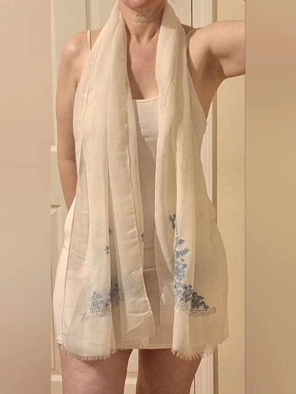 Off-White Scarf w/ Detailed Light Blue Flowers